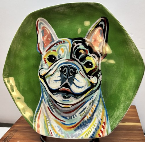 Pier 1 Portrait Posh Pup French Frenchie Bulldog Dog Oval Salad Plate Green 8.5" - Picture 2 of 5