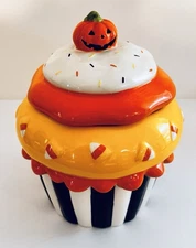 Ceramic Cookie Jar Kohl's Retired Halloween Pumpkin Candy Corn Cupcake