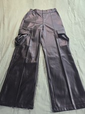 Women Black Faux Leather Flare Leg Cargo Pants Waist Size 24