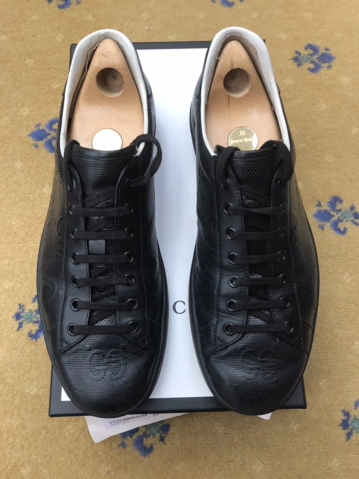 Gucci Ace Baskets Chaussures Cuir Noir Monogramme Homme UK 10 US 11 EU 44