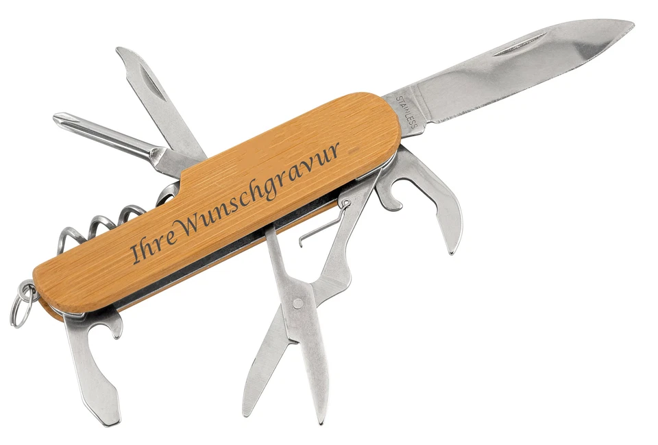GRAVUR BY LIVEPAC OFFICE Multifunktions-Taschenmesser mit Gravur / mit Bambusholzgriff und 7 Funktionen