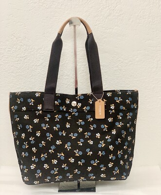Coach NWT F25903 Flora Print Canvas Tote Black/Multicolor/Silver