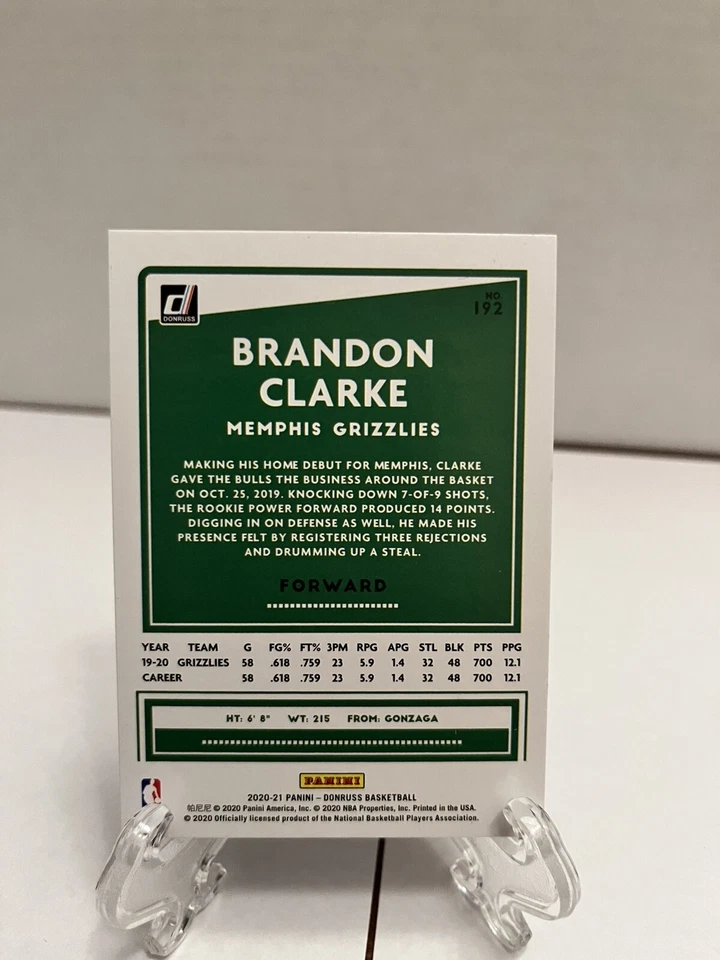 2020-21 Donruss Brandon Clarke #192 Blue Laser Holo 14/49 Memphis  - Image 2 of 2