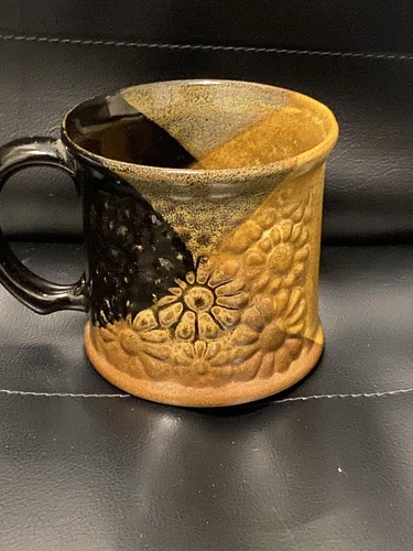 Vintage VTG 1970s Pottery Craft Handcrafted Stoneware Floral Brown Gold Mug