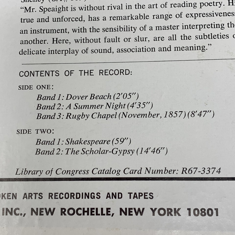 RARE Spoken Arts Treasury Matthew Arnold Vinyl Album Library of