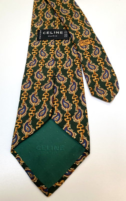 Celine Paris 100% Silk Tie Green Paisley w elegant interwoven chain/bits