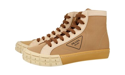 PRADA Wheel Canvas High-Top Sneakers 2TG158 Brown Beige NEW -  US 8.5 EU 41,5