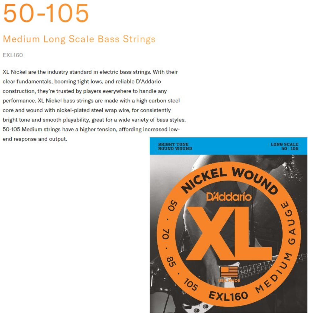 D'Addario EXL160 Nickel Wound Bass Guitar Strings, Medium, 50105, Long Scale eBay