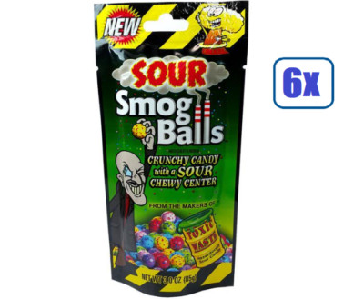 6x Bags Toxic Waste Sour Smog Balls Crunchy Novelty Candy With Chewy Center- 3oz