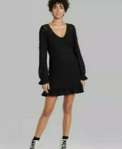 NWT Women's Long Sleeve Brushed Lace Skater Dress Wild Fable Black Size ...