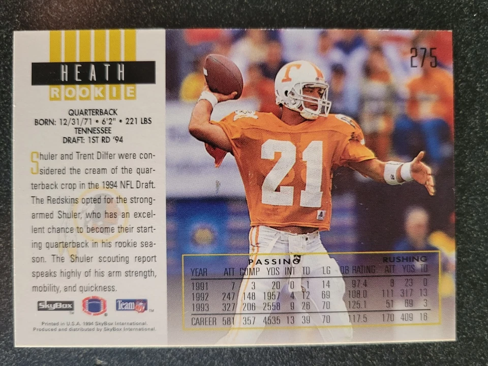 Heath Shuler 1994 SkyBox Impact Rookie Card #275 Tennessee - Image 2 of 2