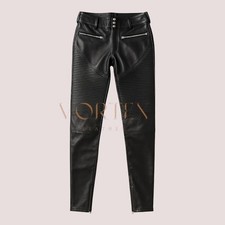Women Black Biker Leather Pants Slim Fit Moto Style With Zipper Pockets Pants