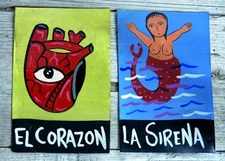 2 Tin Paintings Loteria Heart & Mermaid Hand Painted Mexican Folk Art Small Size