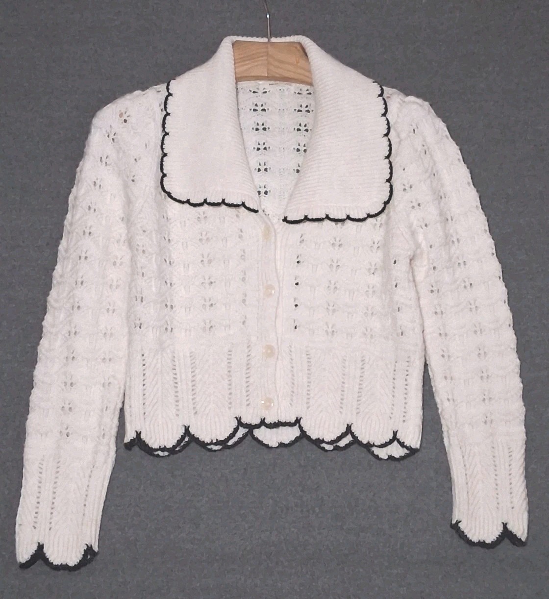 MANGO Women's Natural Scallop Trim Collar Cardigan Size Small Ivory MNG Preppy thumbnail 3
