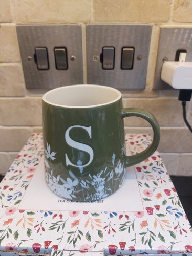 BNWT Sainsbury’s Home Letter Monogram Conical Mug Initial Letter S Floral Green