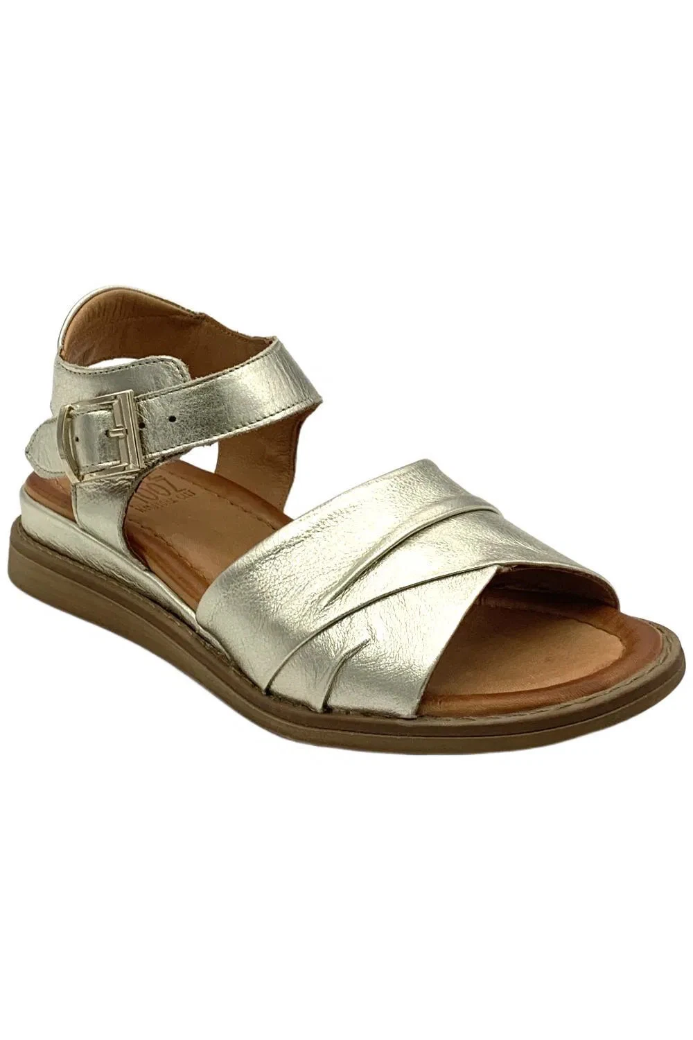 Miz Mooz Women's Leather Adjustable Low Wedge Sandals Haley Gold