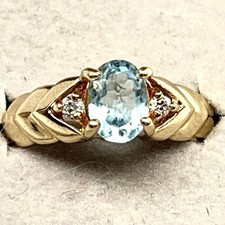 Genuine Blue Topaz Gold Plated CZ Accented Beveled Ring Size 7.25 Vintage
