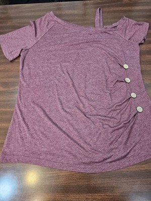 Women L Cold Shoulder Top Burgundy Short Sleeve Side Button Tunic Casual Stretch