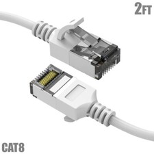 2FT Cat8 RJ45 Network LAN Ethernet U/FTP Shielded Patch Cable Slim 30AWG White