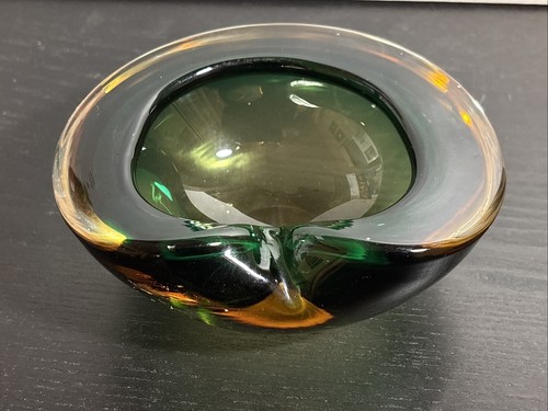 Vintage MCM Green Amber Clear Murano Italian Glass Ashtray Bowl Trinket Dish - Picture 4 of 12