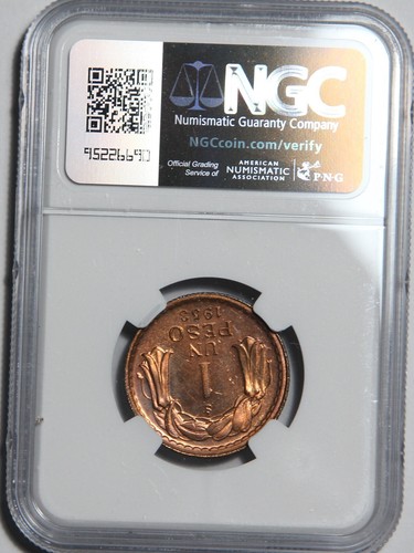 1953 Long Top 5 Chile 1 Peso NGC MS64 RD Top Pop!! 1/0 Rare Variety - Picture 4 of 4