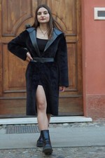 Silvian heach black long coat with faux fur s...