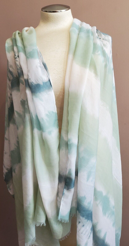 Shawl Wrap Scarf Tie Dye Green White Lightweight Oversized Fringe 72x70" Boho