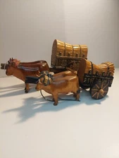 Vintage Hand Carved Wooden Ox Cart Carriage Buggy Wagon Folk Art Toy Set Of 2