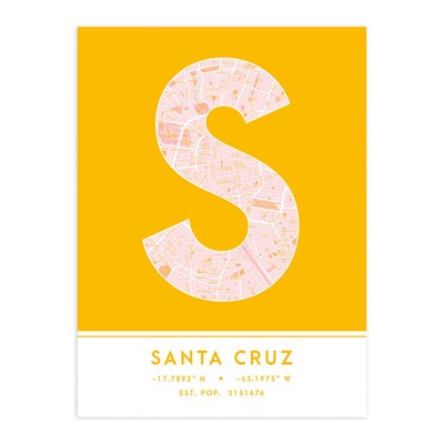 Santa Cruz Bolivien Stadtplan Typografie ungerahmter Wandkunstdruck 18 x 24 Zoll