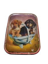 Vintage Edward Sharp & Sons LTD Tin Doxen Dachsund Puppies In A Basket 5”x 3.5”