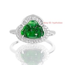 Certified S925 Silver Inlay Green Burma Grade A Jade jadeite Buddhism Lucky Ring