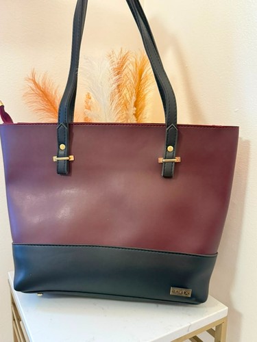 BAG X Burgundy & Black Faux Leather Tote | Two-Tone Structured Work Laptop Purse