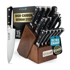 Cutluxe 15-Piece Knife Set – High Carbon German Steel Blades, Full Tang De