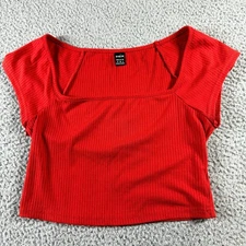 SheIn Red Womens M Square Neck Ribbed Knit Short Sleeve Stretch Cropped Top