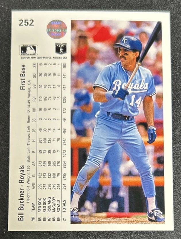 1990 Upper Deck Bill Buckner Baseball Card #252 Royals 1B VGEX O/C - Image 2 of 2