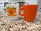 Anchor Hocking Fire King Set Of 2 Vintage Stackable Mugs. One Flower Orange