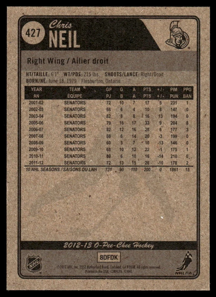 2012-13 O-Pee-Chee #427 Chris Neil Ottawa Senators Hockey Card - Image 2 of 2