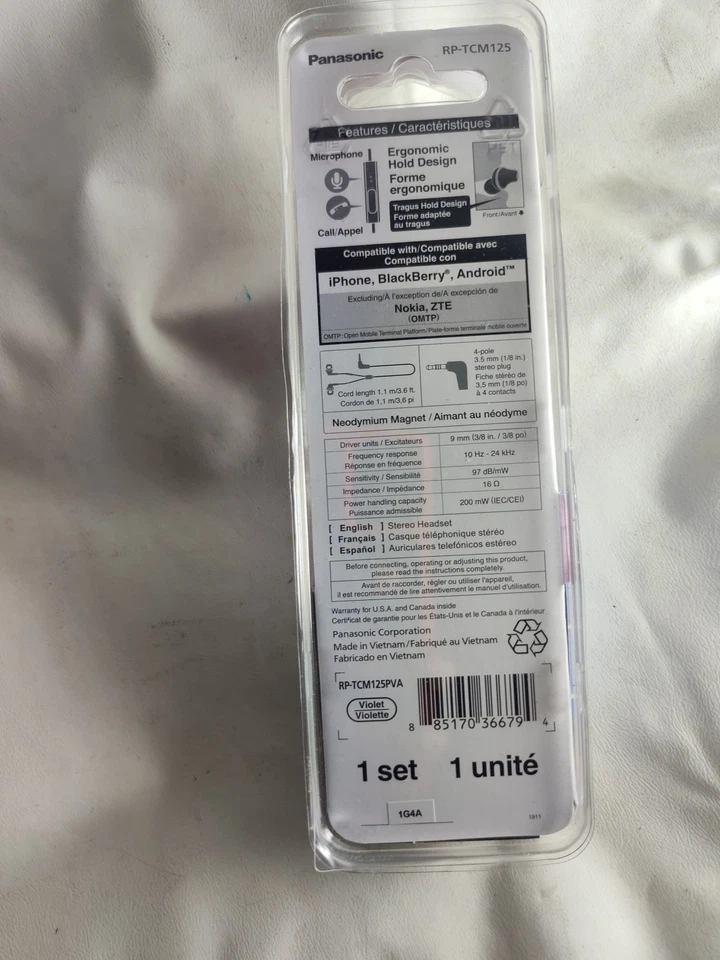 Auriculares internos violeta Panasonic RP-HJE125 ErgoFit conector de 3,5 mm  Foto 4 de 4