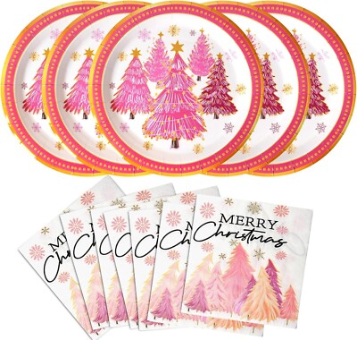 100 Piece Disposable Contemporary Pink Christmas Trees Set (Plates
