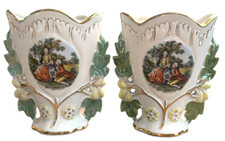 Set Of 2 Ceramic Victorian Era Motif Man Lady Vases 7" Tall X 6" Wide X 3" Deep