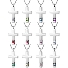 Cross Pendant Birthstone Urn Necklace For Ashes Cremation Keepsake Memorial