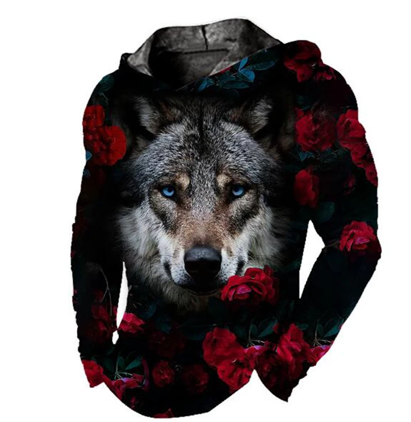 Men's Hoodie Pullover Hooded Rose Wolf Pattern Black Sweatshirt Soft LightWeight