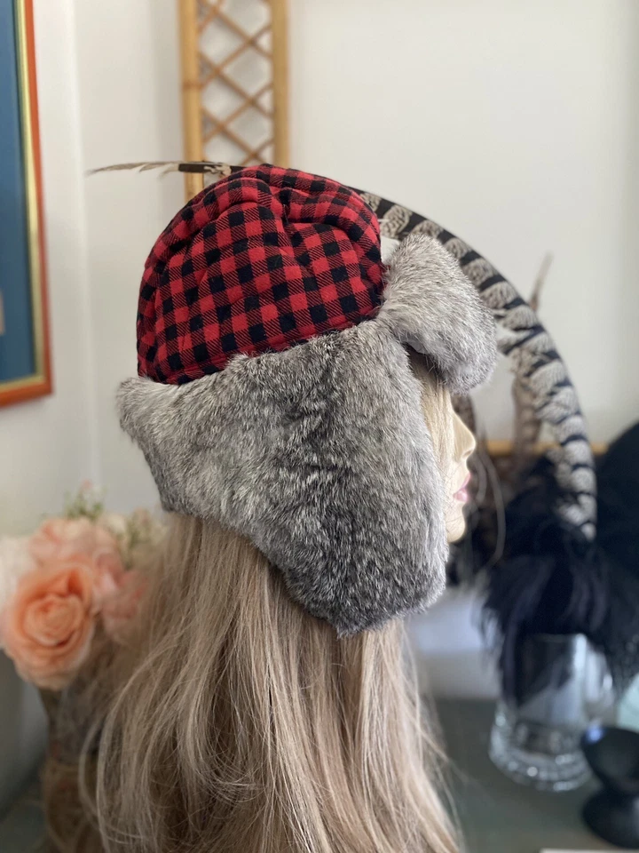 Woolrich Y2K Vintage Plaid Red White Trapper Hat Rabbit Fur Trim Medium Unisex - Image 4 of 4