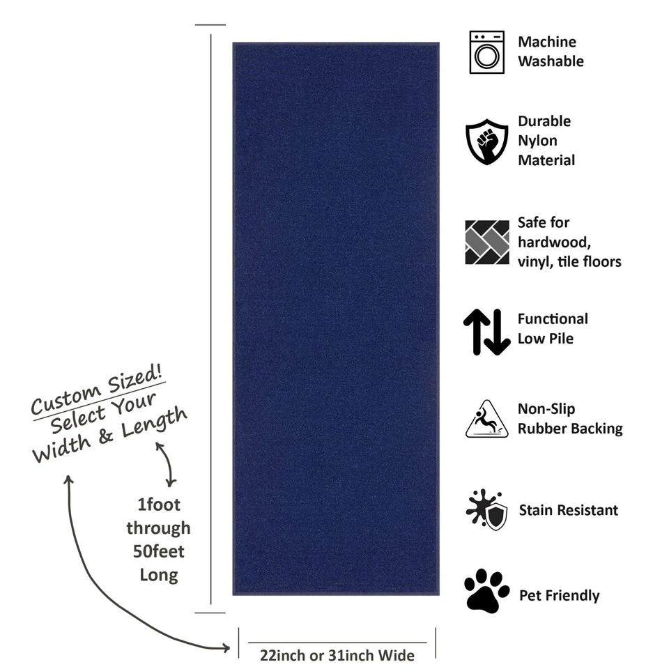 Custom Size NAVY BLUE Stair Hallway Runner Rug Rubber Back Non Skid 22" 26" 31" - Image 3 of 4