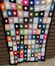 NEW handmade daisy Granny square crochet blanket black & colourful 70 x 60