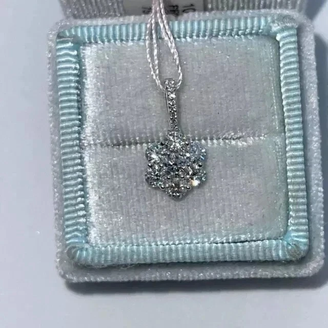 Flower Cluster Pendant 1.00 Ct Round Cut Real Moissanite 14K White Gold Plated - Image 3 of 4