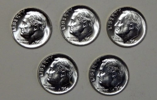 $5.00 UNDER SPOT   Five (5) 1964 Roosevelt 90% Silver Dimes  BU   .3615 Troy Oz