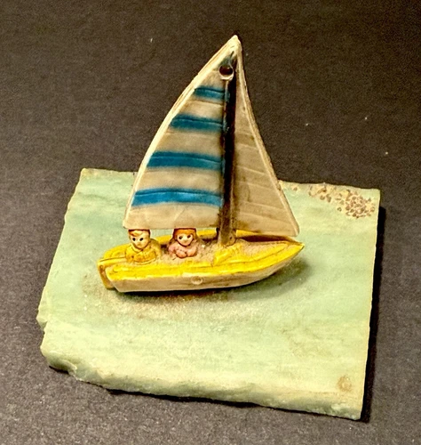 Dollhouse Miniature Nautical Sailboat Figurine On Green Slate Glass 2 3/8” W