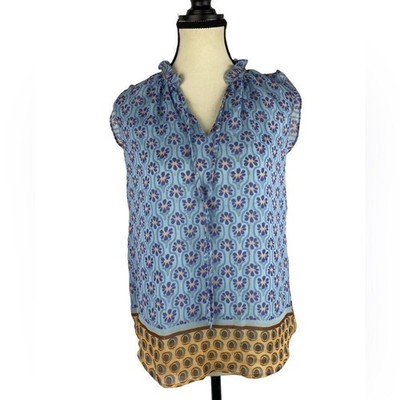 Rachel Roy women s blue floral contrast hemline flowy loose fitting top sz XS