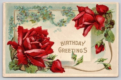Vintage Series 6009 Embossed Roses Forget Me Nots Birthday Postcard